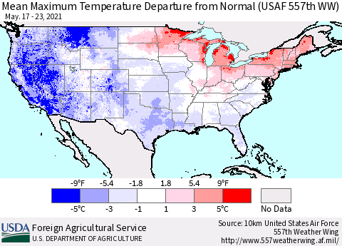 United States Maximum Temperature Departure From Normal (USAF 557th WW) Thematic Map For 5/17/2021 - 5/23/2021