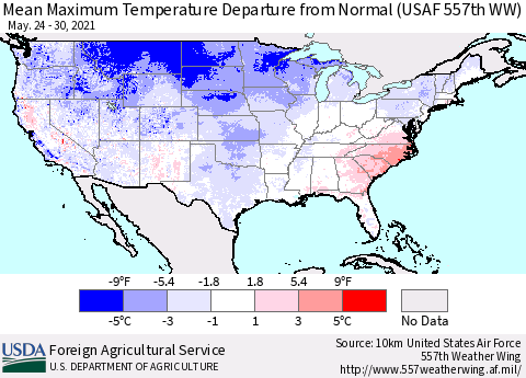 United States Mean Maximum Temperature Departure from Normal (USAF 557th WW) Thematic Map For 5/24/2021 - 5/30/2021