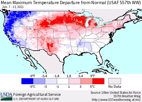 United States Maximum Temperature Departure From Normal (USAF 557th WW) Thematic Map For 6/7/2021 - 6/13/2021