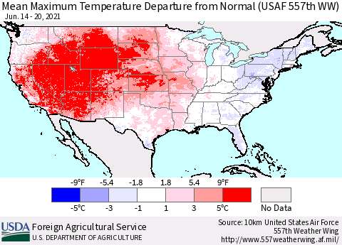 United States Mean Maximum Temperature Departure from Normal (USAF 557th WW) Thematic Map For 6/14/2021 - 6/20/2021