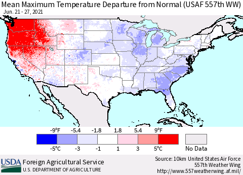 United States Maximum Temperature Departure From Normal (USAF 557th WW) Thematic Map For 6/21/2021 - 6/27/2021
