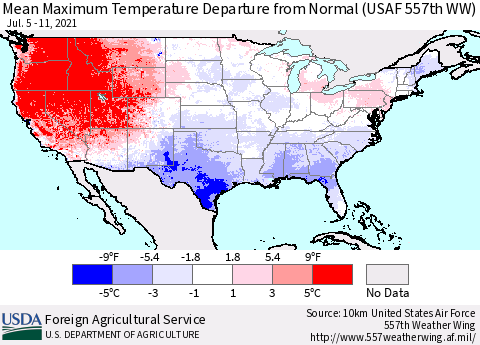 United States Maximum Temperature Departure From Normal (USAF 557th WW) Thematic Map For 7/5/2021 - 7/11/2021