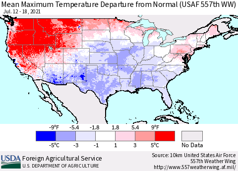 United States Maximum Temperature Departure From Normal (USAF 557th WW) Thematic Map For 7/12/2021 - 7/18/2021