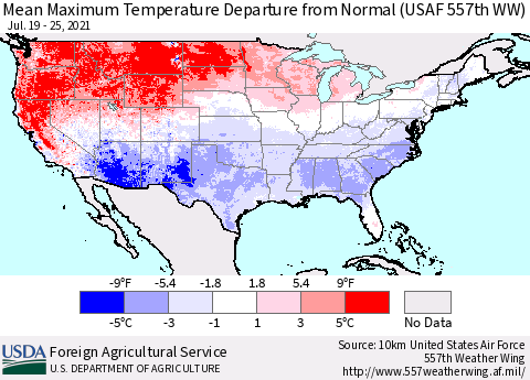 United States Maximum Temperature Departure From Normal (USAF 557th WW) Thematic Map For 7/19/2021 - 7/25/2021