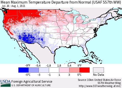 United States Maximum Temperature Departure From Normal (USAF 557th WW) Thematic Map For 7/26/2021 - 8/1/2021