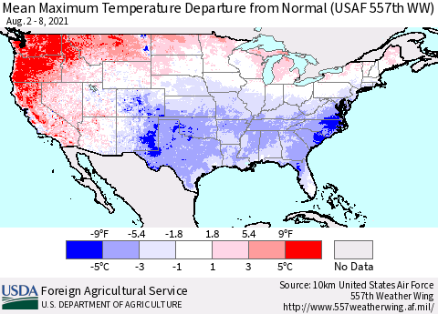 United States Mean Maximum Temperature Departure from Normal (USAF 557th WW) Thematic Map For 8/2/2021 - 8/8/2021