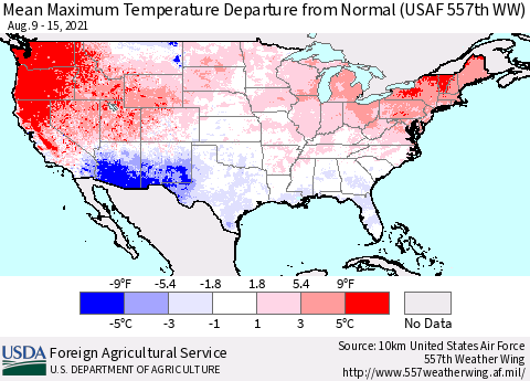 United States Maximum Temperature Departure From Normal (USAF 557th WW) Thematic Map For 8/9/2021 - 8/15/2021