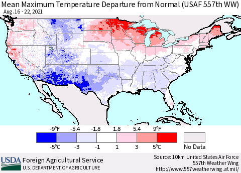 United States Mean Maximum Temperature Departure from Normal (USAF 557th WW) Thematic Map For 8/16/2021 - 8/22/2021