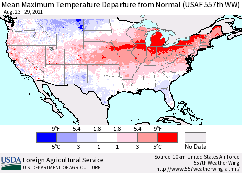 United States Mean Maximum Temperature Departure from Normal (USAF 557th WW) Thematic Map For 8/23/2021 - 8/29/2021