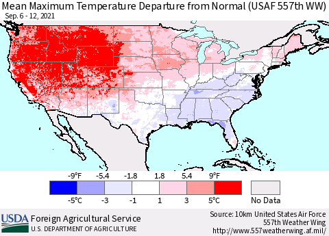 United States Mean Maximum Temperature Departure from Normal (USAF 557th WW) Thematic Map For 9/6/2021 - 9/12/2021