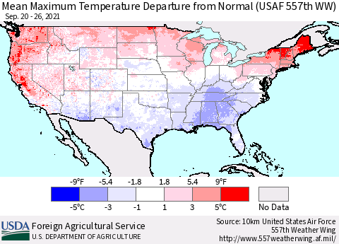 United States Maximum Temperature Departure From Normal (USAF 557th WW) Thematic Map For 9/20/2021 - 9/26/2021