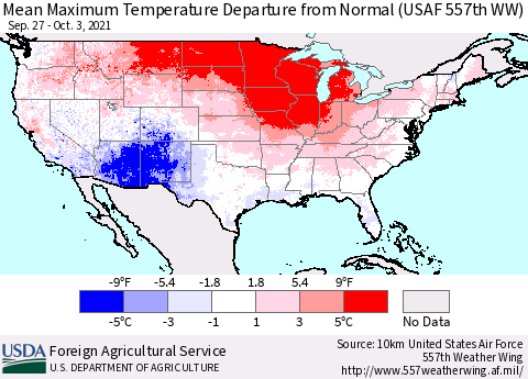 United States Maximum Temperature Departure From Normal (USAF 557th WW) Thematic Map For 9/27/2021 - 10/3/2021