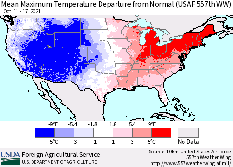 United States Maximum Temperature Departure From Normal (USAF 557th WW) Thematic Map For 10/11/2021 - 10/17/2021