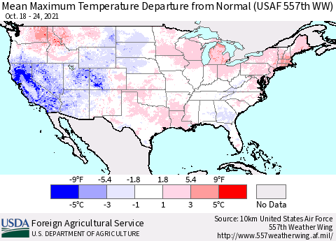 United States Mean Maximum Temperature Departure from Normal (USAF 557th WW) Thematic Map For 10/18/2021 - 10/24/2021