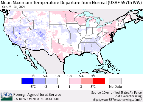 United States Maximum Temperature Departure From Normal (USAF 557th WW) Thematic Map For 10/25/2021 - 10/31/2021