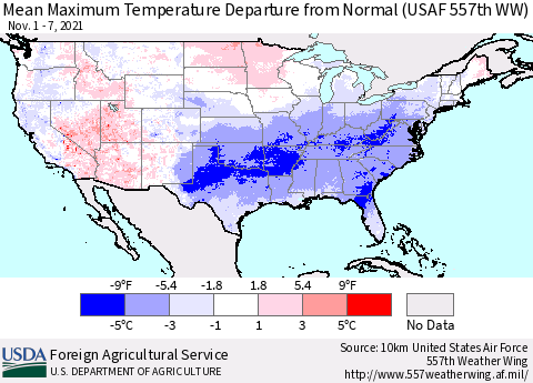 United States Mean Maximum Temperature Departure from Normal (USAF 557th WW) Thematic Map For 11/1/2021 - 11/7/2021