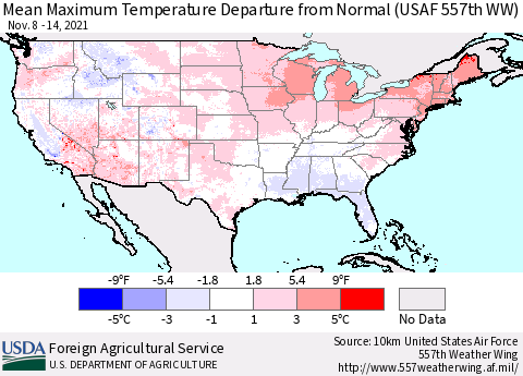 United States Mean Maximum Temperature Departure from Normal (USAF 557th WW) Thematic Map For 11/8/2021 - 11/14/2021
