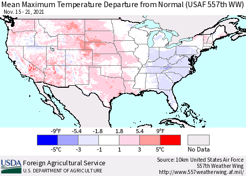 United States Mean Maximum Temperature Departure from Normal (USAF 557th WW) Thematic Map For 11/15/2021 - 11/21/2021