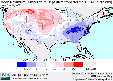 United States Mean Maximum Temperature Departure from Normal (USAF 557th WW) Thematic Map For 11/22/2021 - 11/28/2021