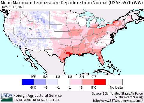 United States Maximum Temperature Departure From Normal (USAF 557th WW) Thematic Map For 12/6/2021 - 12/12/2021