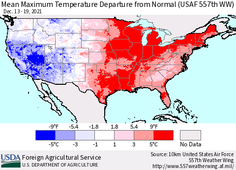 United States Mean Maximum Temperature Departure from Normal (USAF 557th WW) Thematic Map For 12/13/2021 - 12/19/2021