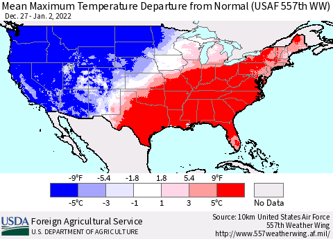 United States Maximum Temperature Departure From Normal (USAF 557th WW) Thematic Map For 12/27/2021 - 1/2/2022