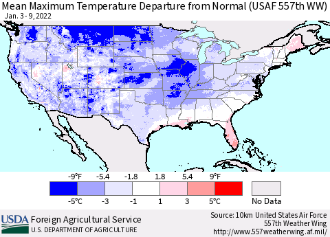 United States Maximum Temperature Departure From Normal (USAF 557th WW) Thematic Map For 1/3/2022 - 1/9/2022