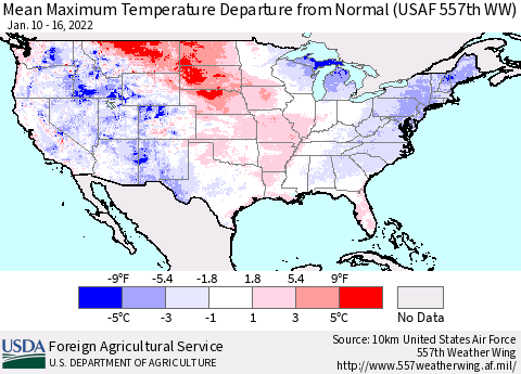 United States Mean Maximum Temperature Departure from Normal (USAF 557th WW) Thematic Map For 1/10/2022 - 1/16/2022