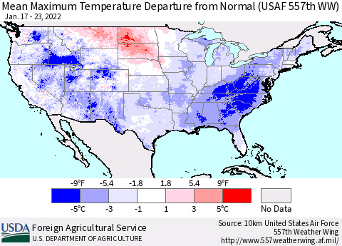 United States Mean Maximum Temperature Departure from Normal (USAF 557th WW) Thematic Map For 1/17/2022 - 1/23/2022