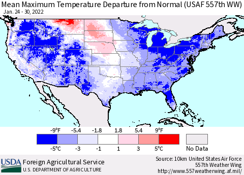 United States Mean Maximum Temperature Departure from Normal (USAF 557th WW) Thematic Map For 1/24/2022 - 1/30/2022
