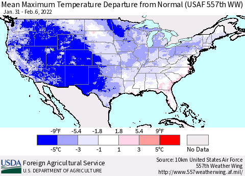 United States Mean Maximum Temperature Departure from Normal (USAF 557th WW) Thematic Map For 1/31/2022 - 2/6/2022