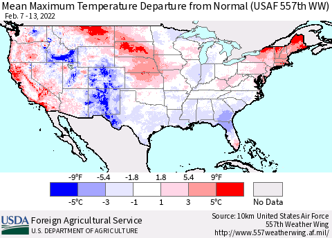 United States Mean Maximum Temperature Departure from Normal (USAF 557th WW) Thematic Map For 2/7/2022 - 2/13/2022