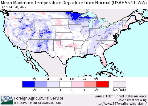 United States Mean Maximum Temperature Departure from Normal (USAF 557th WW) Thematic Map For 2/14/2022 - 2/20/2022