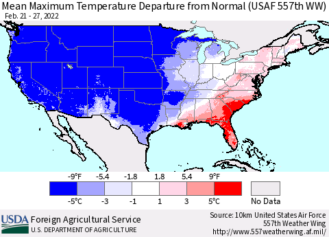 United States Mean Maximum Temperature Departure from Normal (USAF 557th WW) Thematic Map For 2/21/2022 - 2/27/2022
