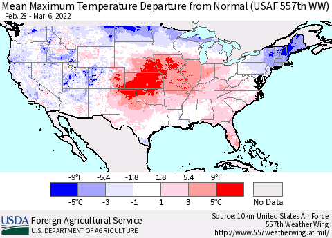 United States Mean Maximum Temperature Departure from Normal (USAF 557th WW) Thematic Map For 2/28/2022 - 3/6/2022