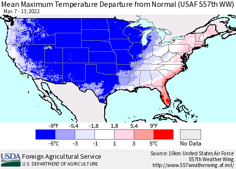 United States Maximum Temperature Departure From Normal (USAF 557th WW) Thematic Map For 3/7/2022 - 3/13/2022