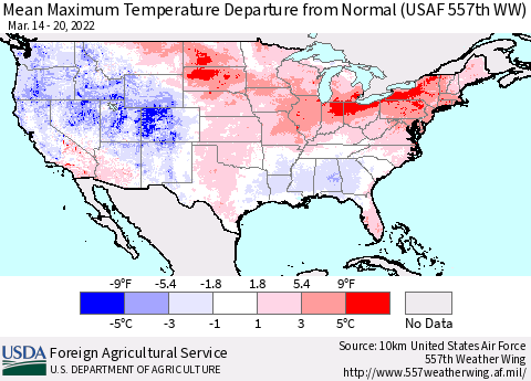 United States Maximum Temperature Departure From Normal (USAF 557th WW) Thematic Map For 3/14/2022 - 3/20/2022