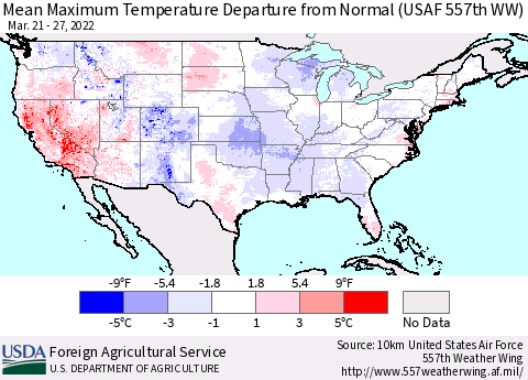 United States Mean Maximum Temperature Departure from Normal (USAF 557th WW) Thematic Map For 3/21/2022 - 3/27/2022
