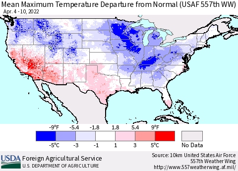 United States Mean Maximum Temperature Departure from Normal (USAF 557th WW) Thematic Map For 4/4/2022 - 4/10/2022