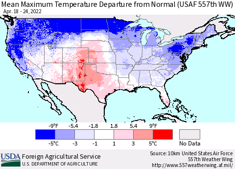 United States Maximum Temperature Departure From Normal (USAF 557th WW) Thematic Map For 4/18/2022 - 4/24/2022