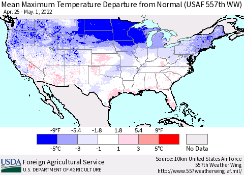 United States Mean Maximum Temperature Departure from Normal (USAF 557th WW) Thematic Map For 4/25/2022 - 5/1/2022