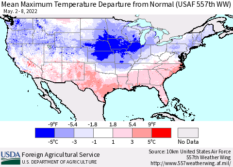 United States Mean Maximum Temperature Departure from Normal (USAF 557th WW) Thematic Map For 5/2/2022 - 5/8/2022