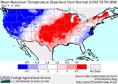 United States Mean Maximum Temperature Departure from Normal (USAF 557th WW) Thematic Map For 5/9/2022 - 5/15/2022
