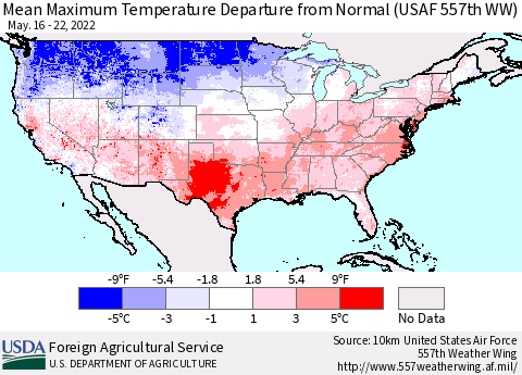 United States Maximum Temperature Departure From Normal (USAF 557th WW) Thematic Map For 5/16/2022 - 5/22/2022
