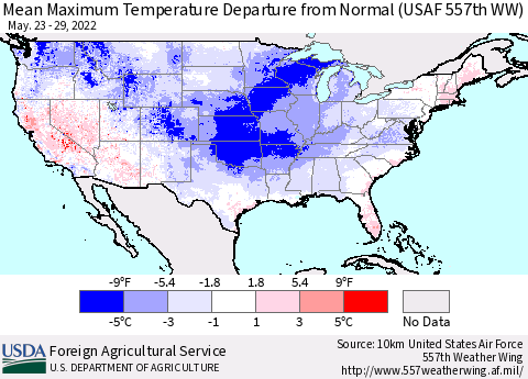 United States Mean Maximum Temperature Departure from Normal (USAF 557th WW) Thematic Map For 5/23/2022 - 5/29/2022