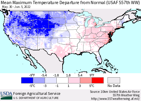 United States Mean Maximum Temperature Departure from Normal (USAF 557th WW) Thematic Map For 5/30/2022 - 6/5/2022