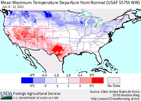 United States Mean Maximum Temperature Departure from Normal (USAF 557th WW) Thematic Map For 6/6/2022 - 6/12/2022
