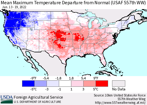 United States Maximum Temperature Departure From Normal (USAF 557th WW) Thematic Map For 6/13/2022 - 6/19/2022