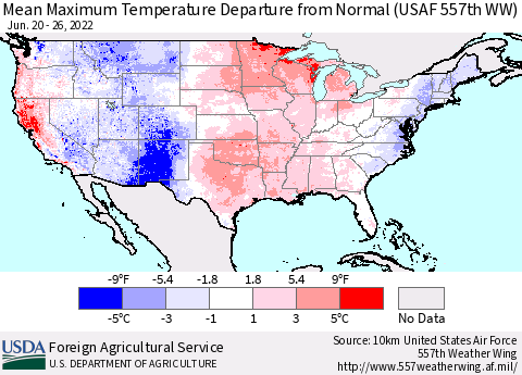 United States Mean Maximum Temperature Departure from Normal (USAF 557th WW) Thematic Map For 6/20/2022 - 6/26/2022