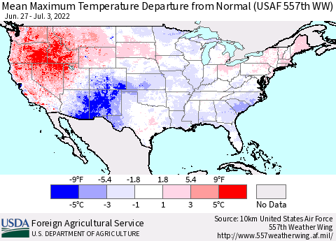 United States Maximum Temperature Departure From Normal (USAF 557th WW) Thematic Map For 6/27/2022 - 7/3/2022
